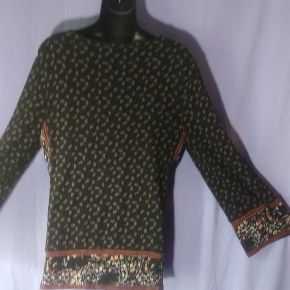 Lucky Brand, boho, black printed, 3/4 sleeve, top - Picture 5 of 12